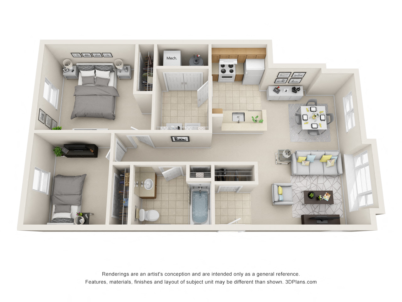 Floor plan for 2 beds, 1 bath, 945 sqft